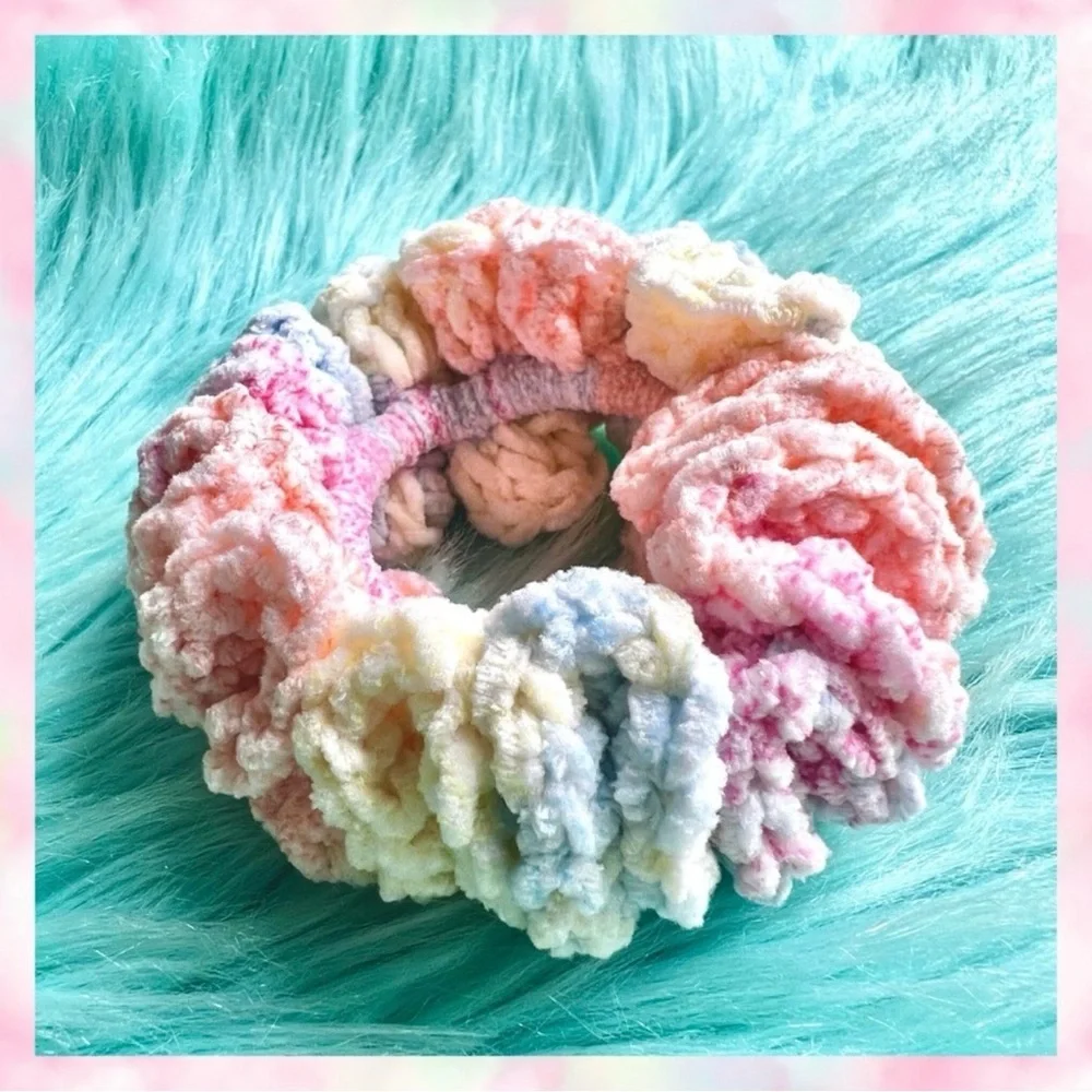 Handmade Crochet VELVET Pastel Beach Sunset Hair Scrunchie PinkRainCloud